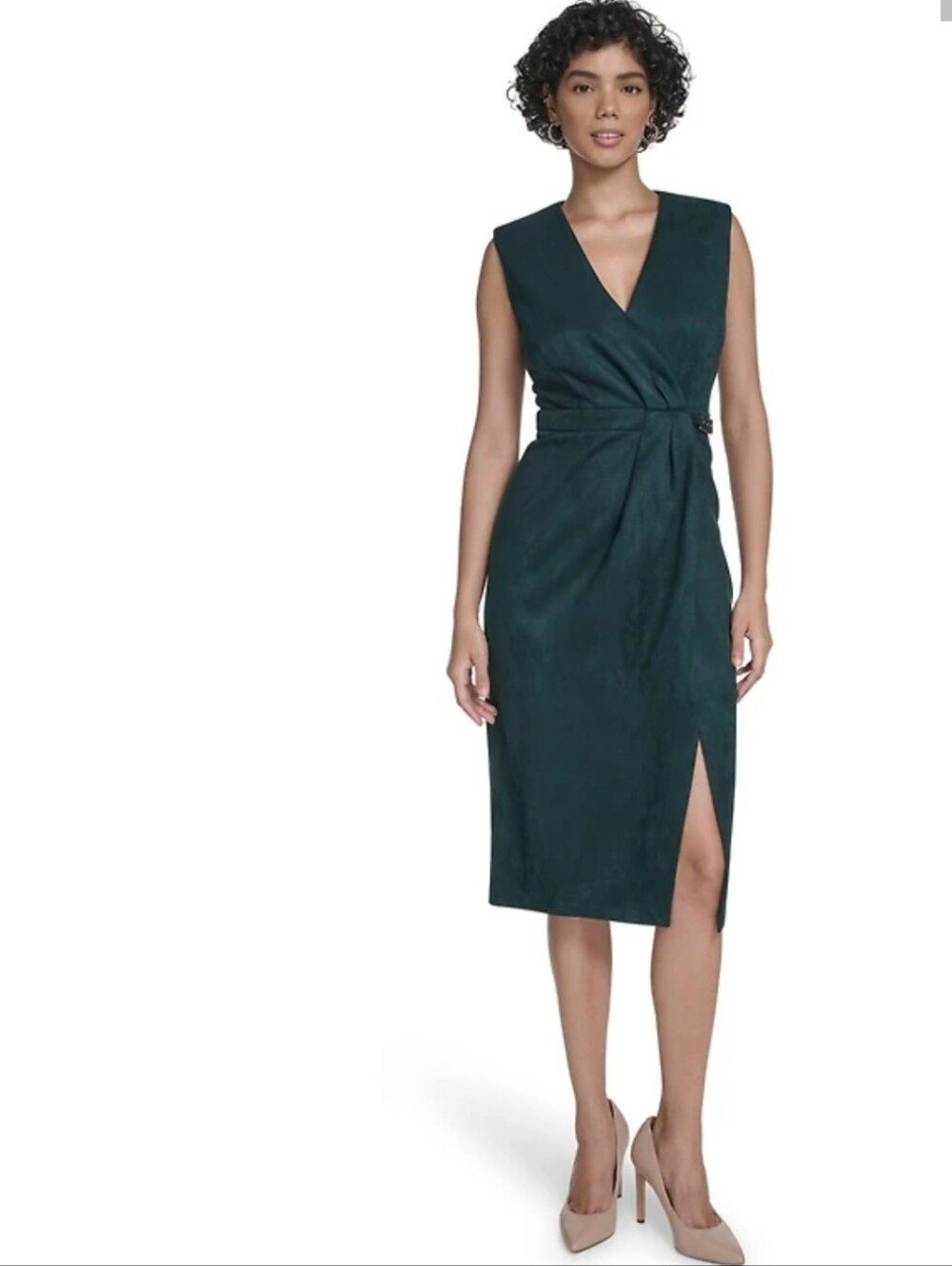 Calvin Klein Faux Suede Sheath Dress Green Wrap Chain Detail Size 12 NWT